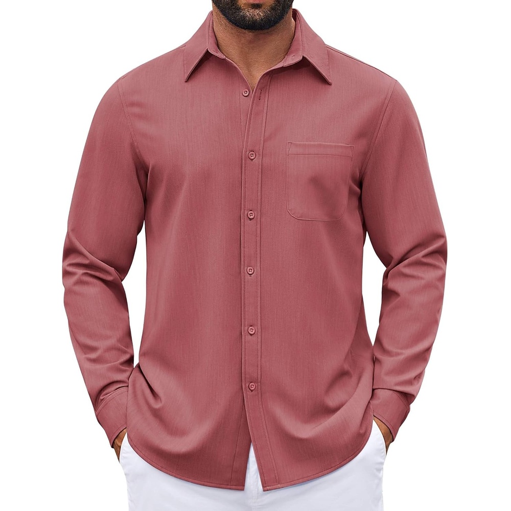 image:imageCOOFANDY Mens Dress Shirts Untucked Long Sleeve Button Down Denim Shirt Stretch Business Casual ShirtsRosy Red