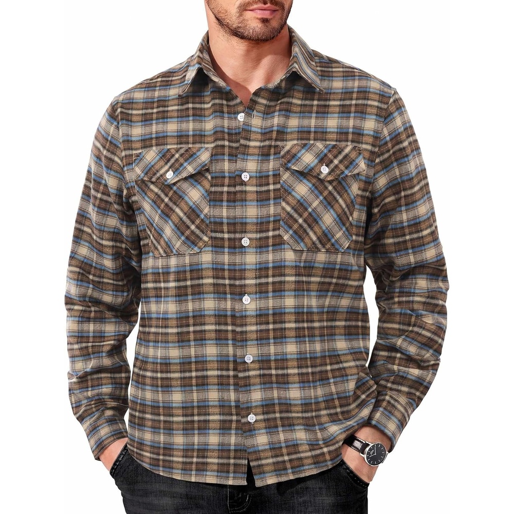 image:imageCOOFANDY Mens Flannel Shirts Long Sleeve Casual Plaid Button Down Shirt Cotton Shirt Cowboy Work Shirts with PocketsBluebrown