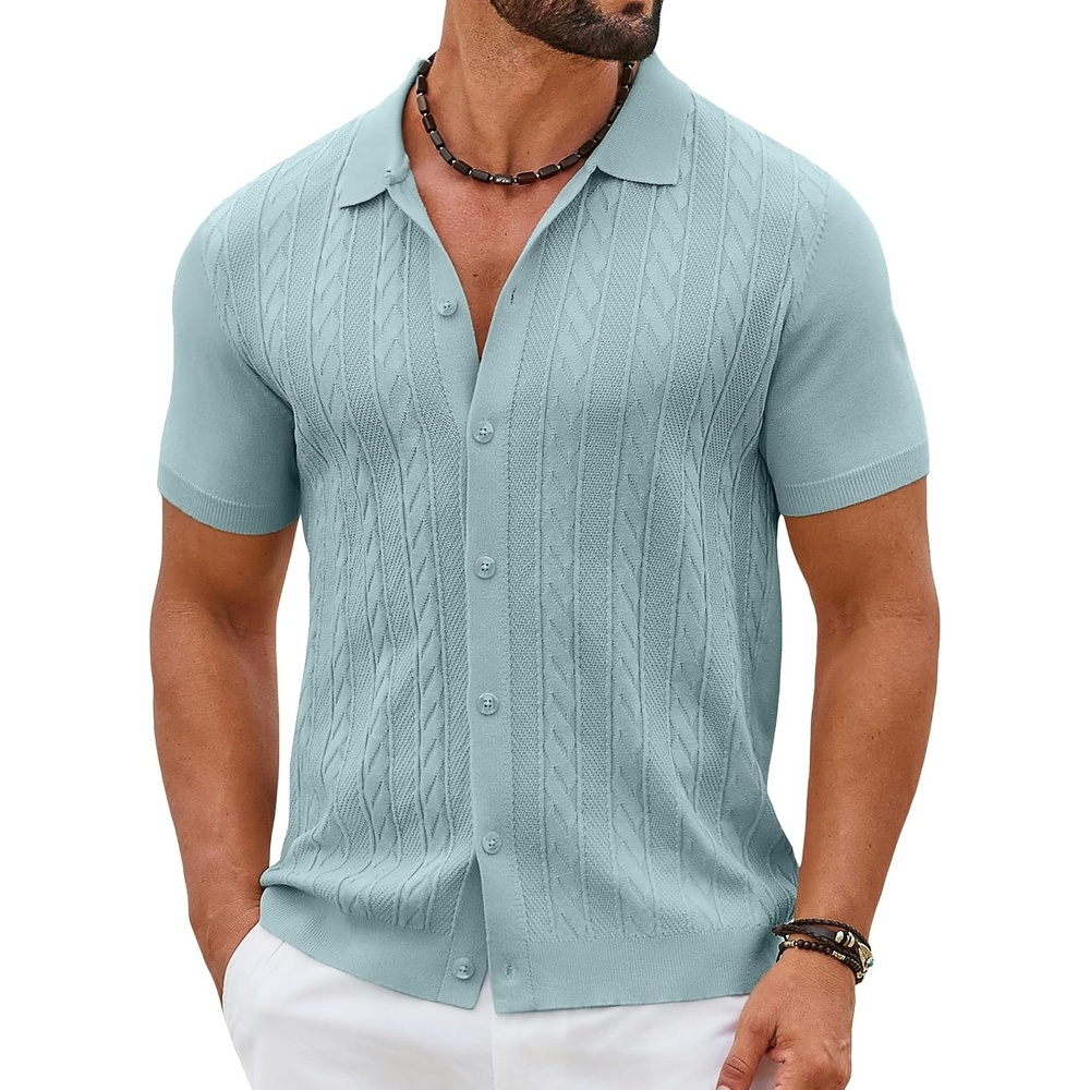 image:imageCOOFANDY Mens Knit Button Down Shirts Short Sleeve Polo Shirt Casual Vintage Summer Beach ShirtsIce Green