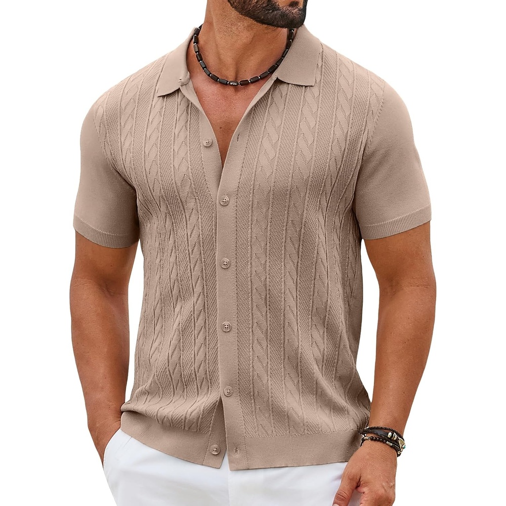 image:imageCOOFANDY Mens Knit Button Down Shirts Short Sleeve Polo Shirt Casual Vintage Summer Beach ShirtsKhaki