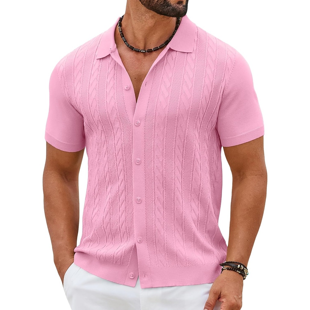 image:imageCOOFANDY Mens Knit Button Down Shirts Short Sleeve Polo Shirt Casual Vintage Summer Beach ShirtsPink