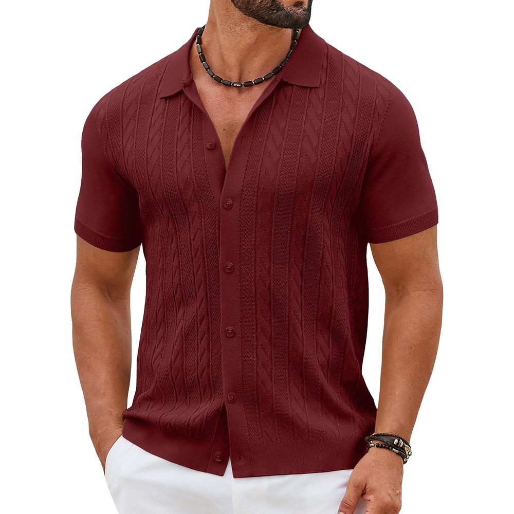 image:imageCOOFANDY Mens Knit Button Down Shirts Short Sleeve Polo Shirt Casual Vintage Summer Beach ShirtsWine Red