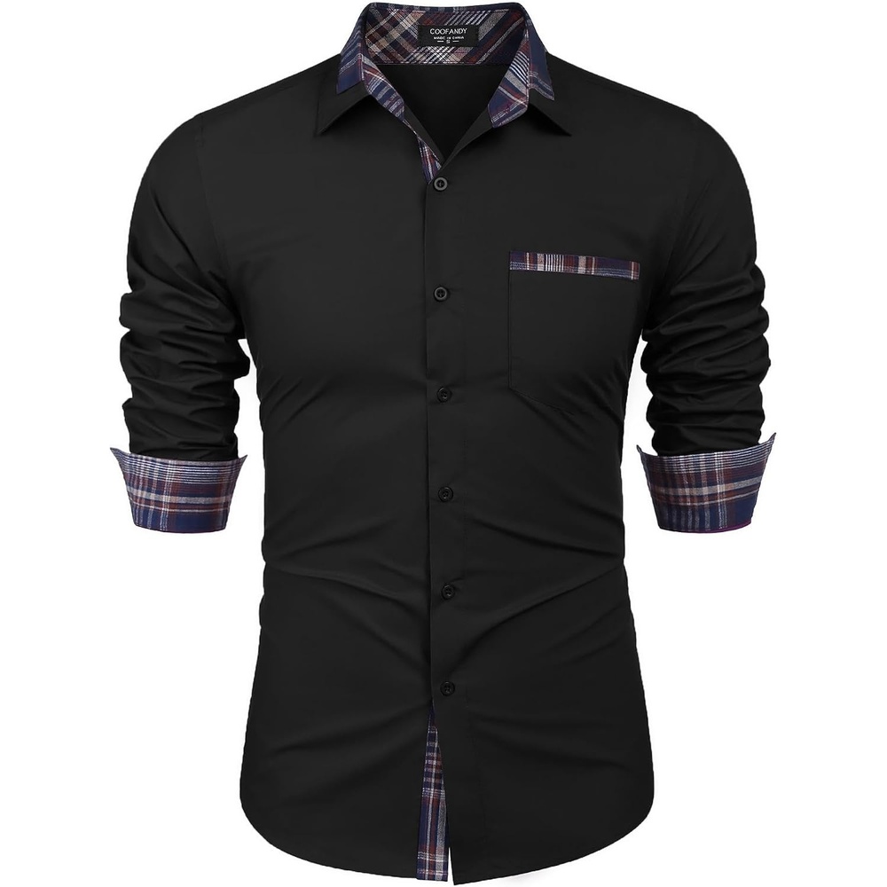 image:imageCOOFANDY Mens Long Sleeve Dress Shirt Plaid Collar Casual Button Down ShirtsBlackNavy Blue