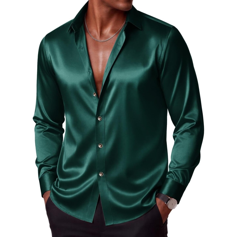 image:imageCOOFANDY Mens Silk Satin Dress Shirts Long Sleeve Shiny Button Down ShirtGreen