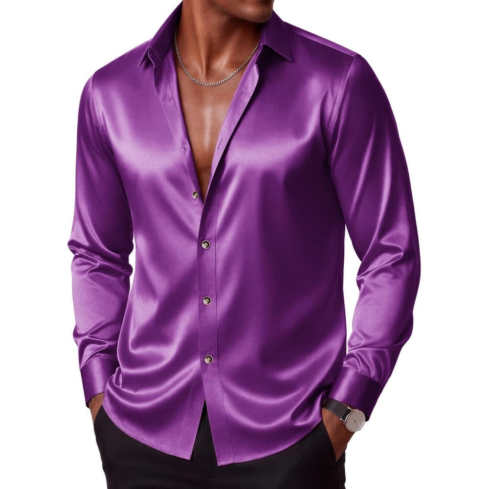 image:imageCOOFANDY Mens Silk Satin Dress Shirts Long Sleeve Shiny Button Down ShirtPurple