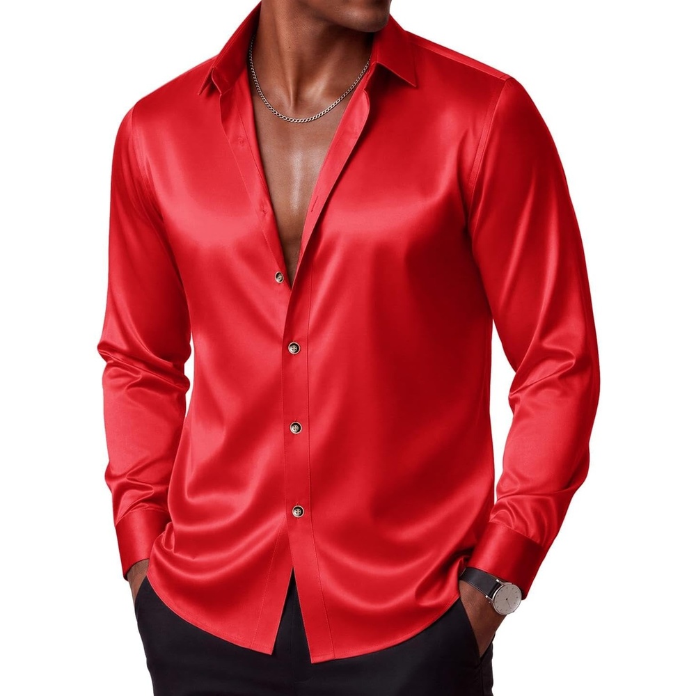 image:imageCOOFANDY Mens Silk Satin Dress Shirts Long Sleeve Shiny Button Down ShirtRed