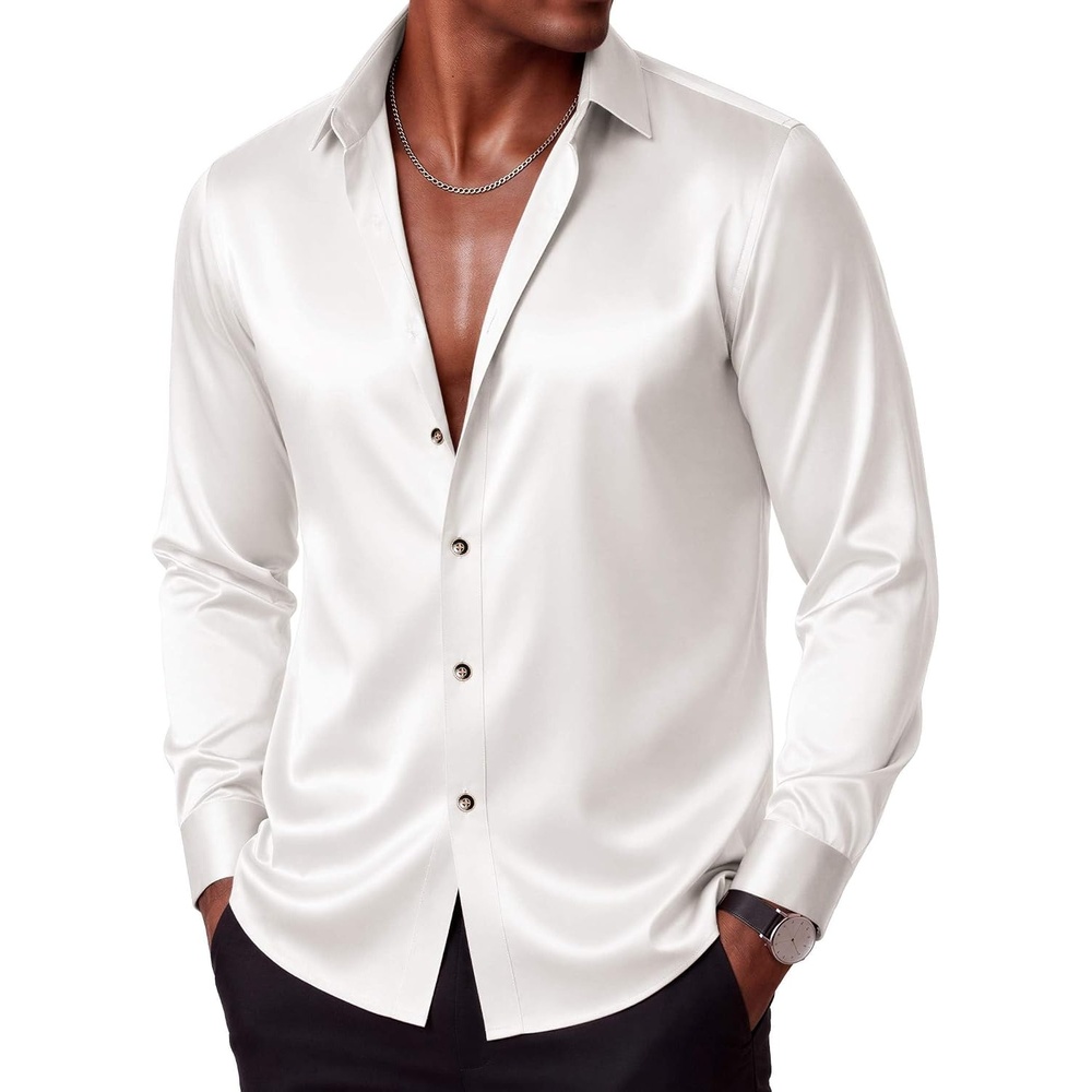 image:imageCOOFANDY Mens Silk Satin Dress Shirts Long Sleeve Shiny Button Down ShirtWhite