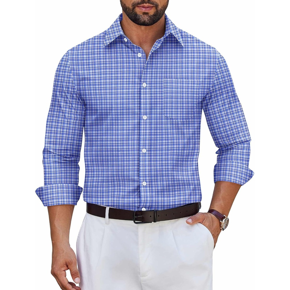 image:imageCOOFANDY Mens Wrinkle Free Plaid Dress Shirt Long Sleeve Button Down Shirt01blue White Plaid