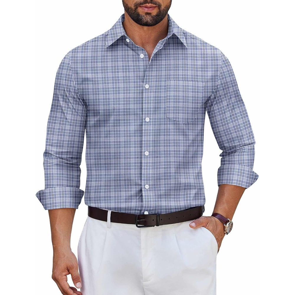 image:imageCOOFANDY Mens Wrinkle Free Plaid Dress Shirt Long Sleeve Button Down Shirt05grey White Plaid