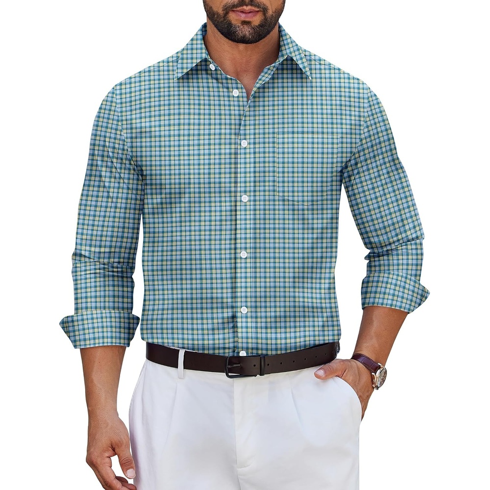 image:imageCOOFANDY Mens Wrinkle Free Plaid Dress Shirt Long Sleeve Button Down Shirt07blue Yellow Plaid