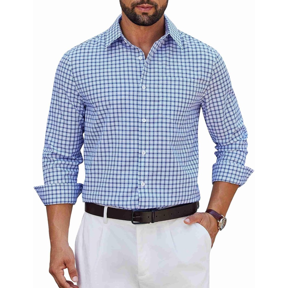 image:imageCOOFANDY Mens Wrinkle Free Plaid Dress Shirt Long Sleeve Button Down Shirt10white Deep Blue Plaid