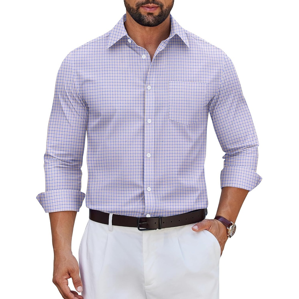 image:imageCOOFANDY Mens Wrinkle Free Plaid Dress Shirt Long Sleeve Button Down Shirt11light Blue Khaki Plaid