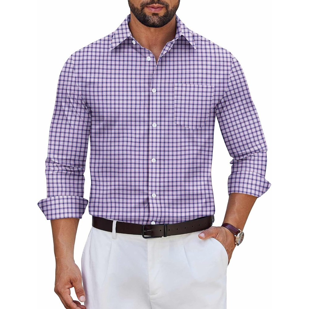 image:imageCOOFANDY Mens Wrinkle Free Plaid Dress Shirt Long Sleeve Button Down Shirt12white Red Plaid