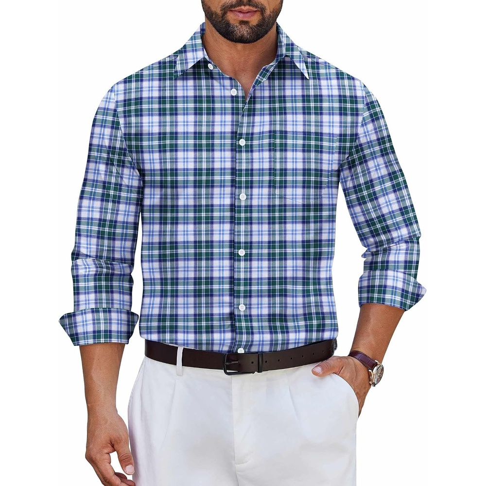 image:imageCOOFANDY Mens Wrinkle Free Plaid Dress Shirt Long Sleeve Button Down Shirt16blue Green Plaid