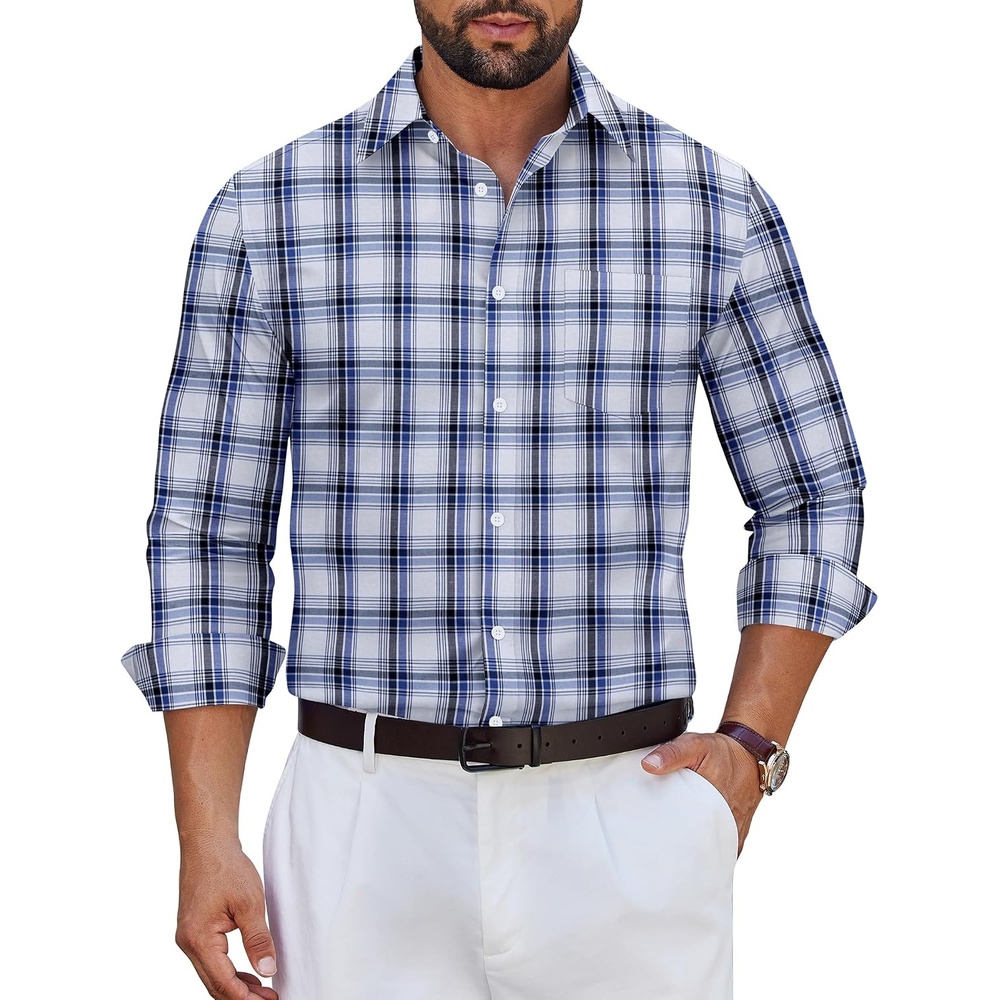 image:imageCOOFANDY Mens Wrinkle Free Plaid Dress Shirt Long Sleeve Button Down Shirt17navy Black White Plaid