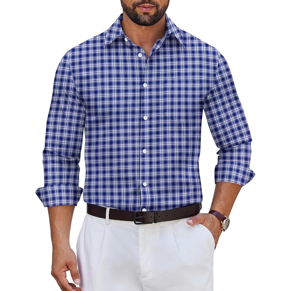 image:imageCOOFANDY Mens Wrinkle Free Plaid Dress Shirt Long Sleeve Button Down Shirt18navy Blue White Plaid