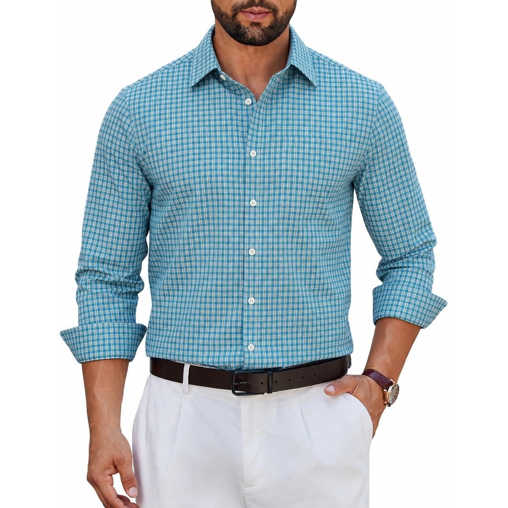 image:imageCOOFANDY Mens Wrinkle Free Plaid Dress Shirt Long Sleeve Button Down Shirt19white Blue Plaid