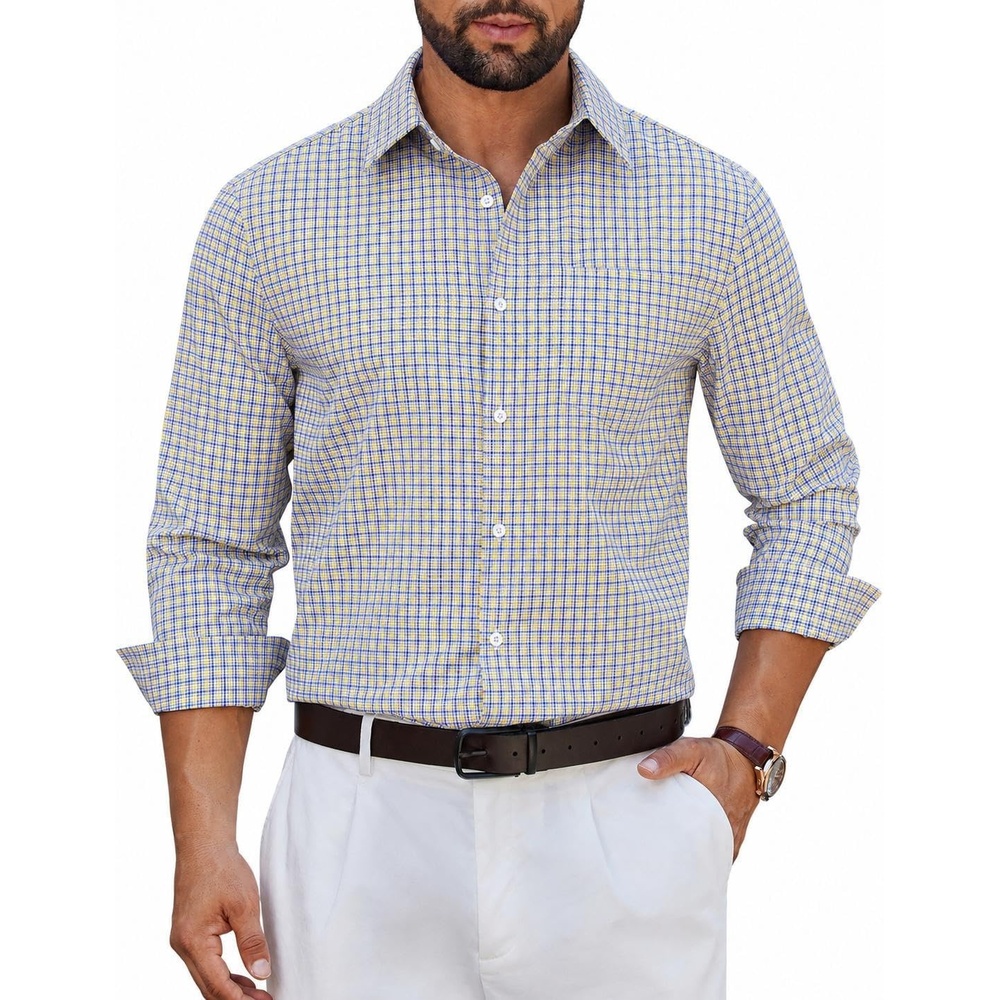 image:imageCOOFANDY Mens Wrinkle Free Plaid Dress Shirt Long Sleeve Button Down Shirt20yellow Blue Plaid
