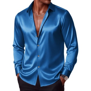 COOFANDY Mens Silk Satin Dress Shirts Long Sleeve Shiny Button Down Shirt(Dark Blue)
