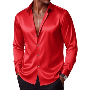COOFANDY Mens Silk Satin Dress Shirts Long Sleeve Shiny Button Down Shirt(Red)