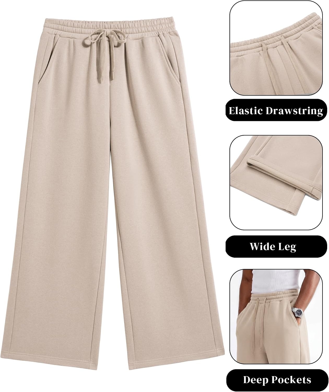 image:imageCOOFANDY Mens Casual Baggy Sweatpants Cotton Wide Leg Drawstring PantsBeige