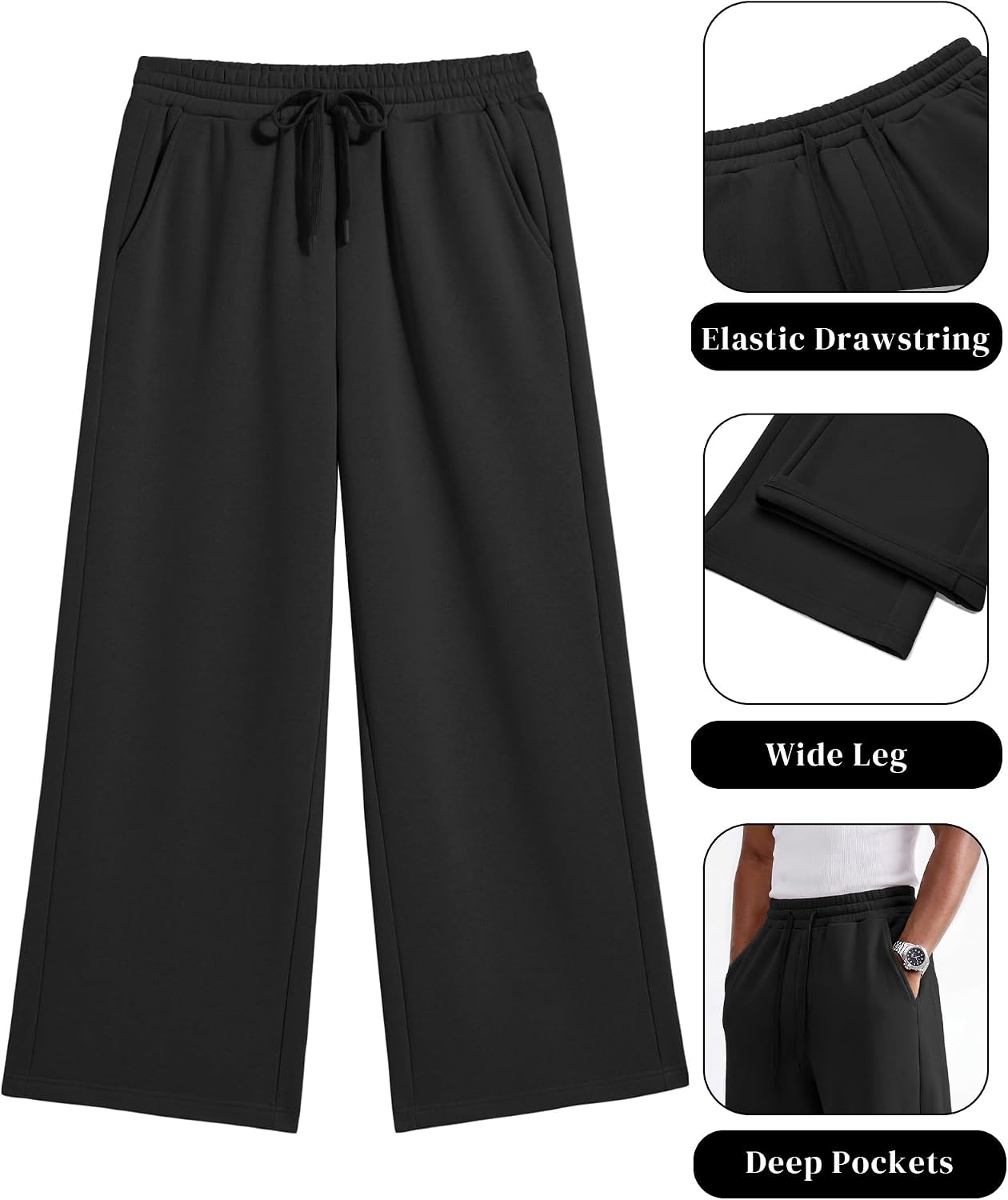image:imageCOOFANDY Mens Casual Baggy Sweatpants Cotton Wide Leg Drawstring PantsBlack