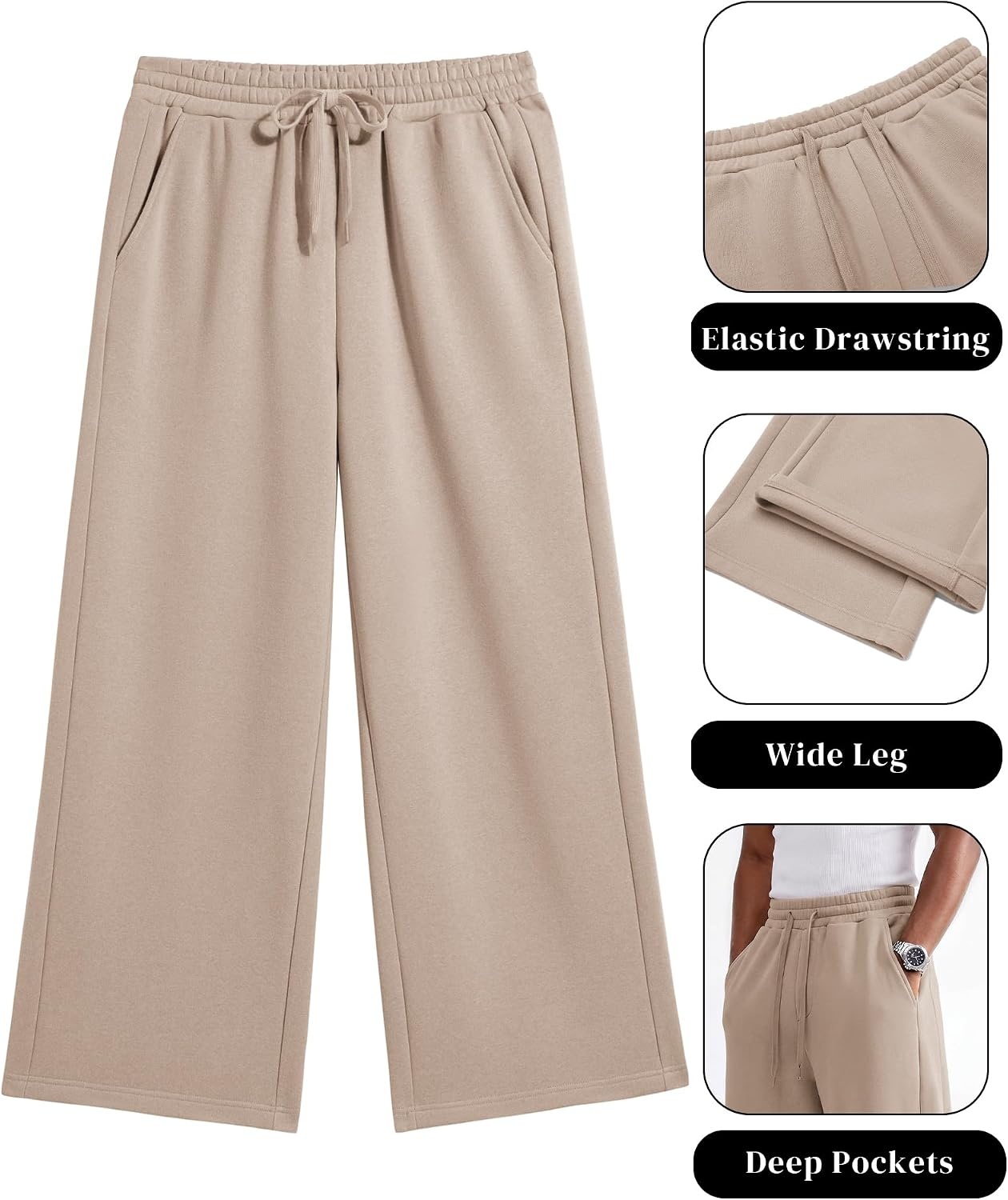 image:imageCOOFANDY Mens Casual Baggy Sweatpants Cotton Wide Leg Drawstring PantsKhaki