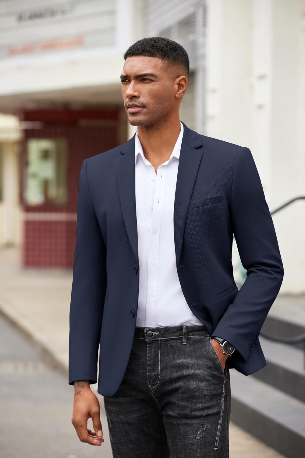 image:imageCOOFANDY Mens Casual Blazer Slim Fit Two Button Knit Sport CoatNavy Blue