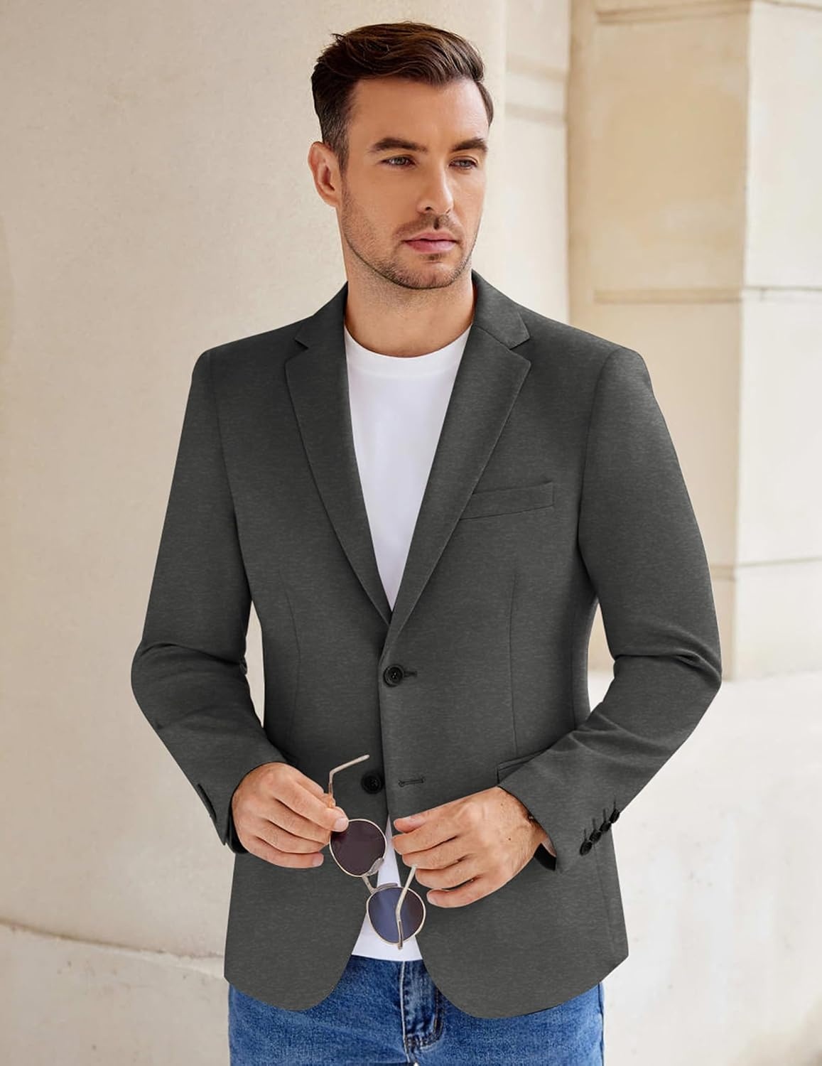 image:imageCOOFANDY Mens Casual Knit Blazer Stretch Sport Coat Two Button Suit JacketsDark Heather Grey