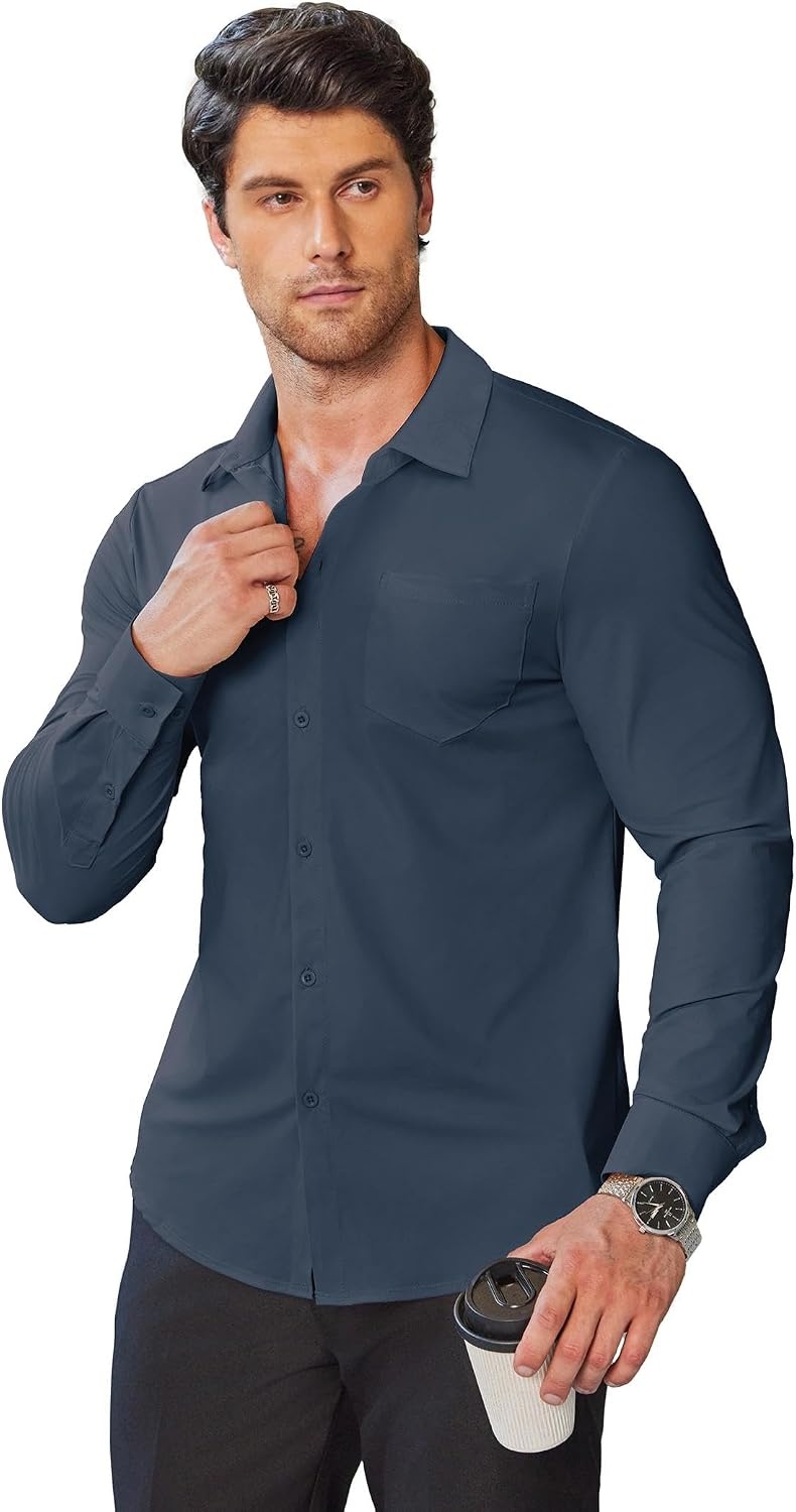 image:imageCOOFANDY Mens Muscle Fit Dress Shirts Wrinkle Free Long Sleeve Button Down ShirtDark Blue