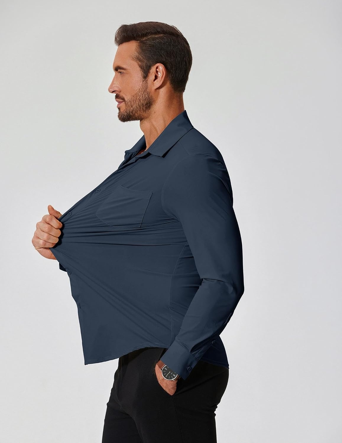 image:imageCOOFANDY Mens Muscle Fit Dress Shirts Wrinkle Free Long Sleeve Button Down ShirtDark Blue