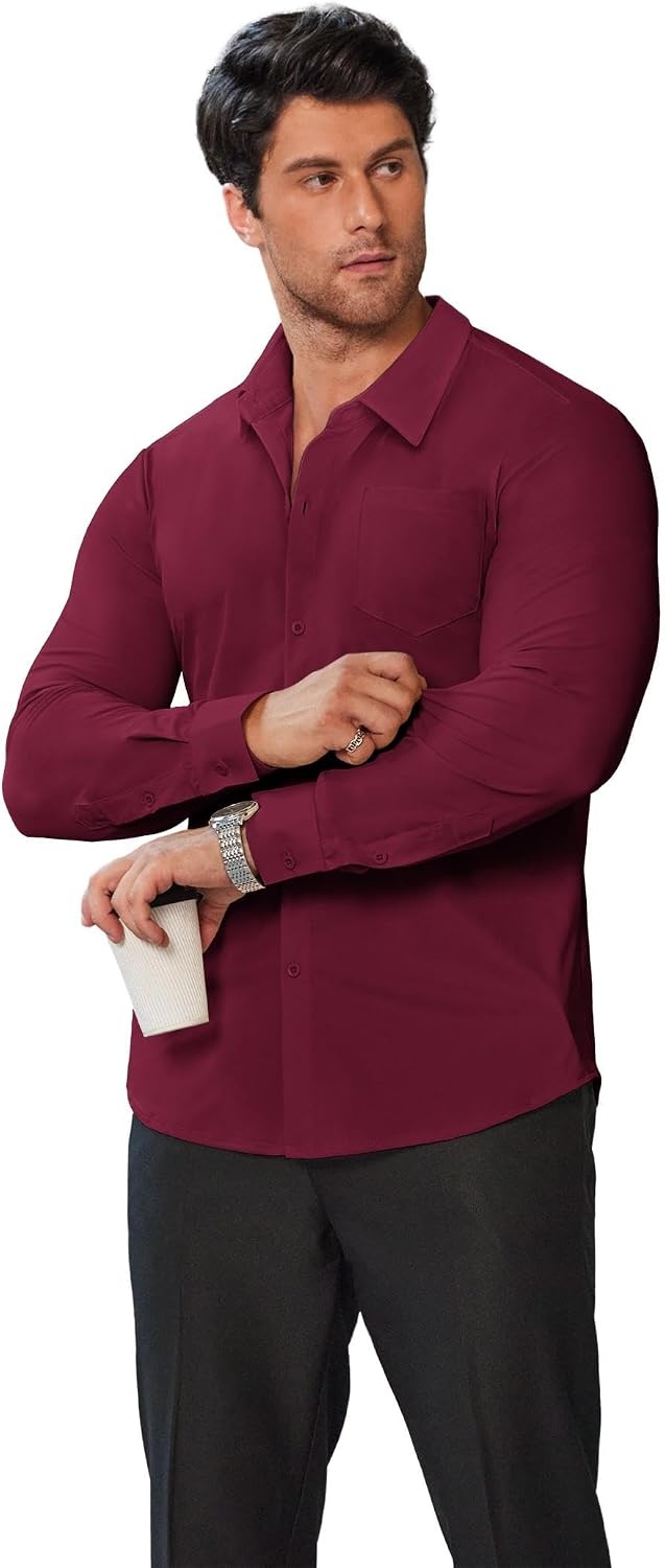 image:imageCOOFANDY Mens Muscle Fit Dress Shirts Wrinkle Free Long Sleeve Button Down ShirtDark Red