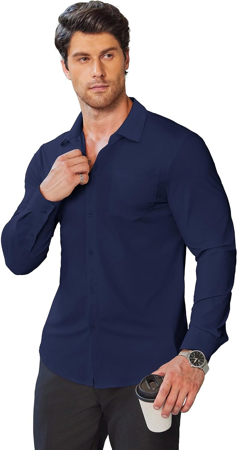 image:imageCOOFANDY Mens Muscle Fit Dress Shirts Wrinkle Free Long Sleeve Button Down ShirtDeep Blue