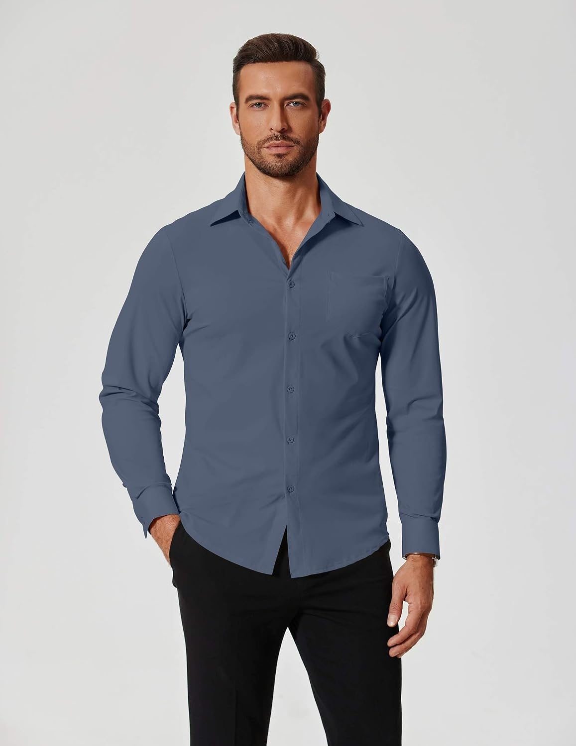 image:imageCOOFANDY Mens Muscle Fit Dress Shirts Wrinkle Free Long Sleeve Button Down ShirtDenim Blue