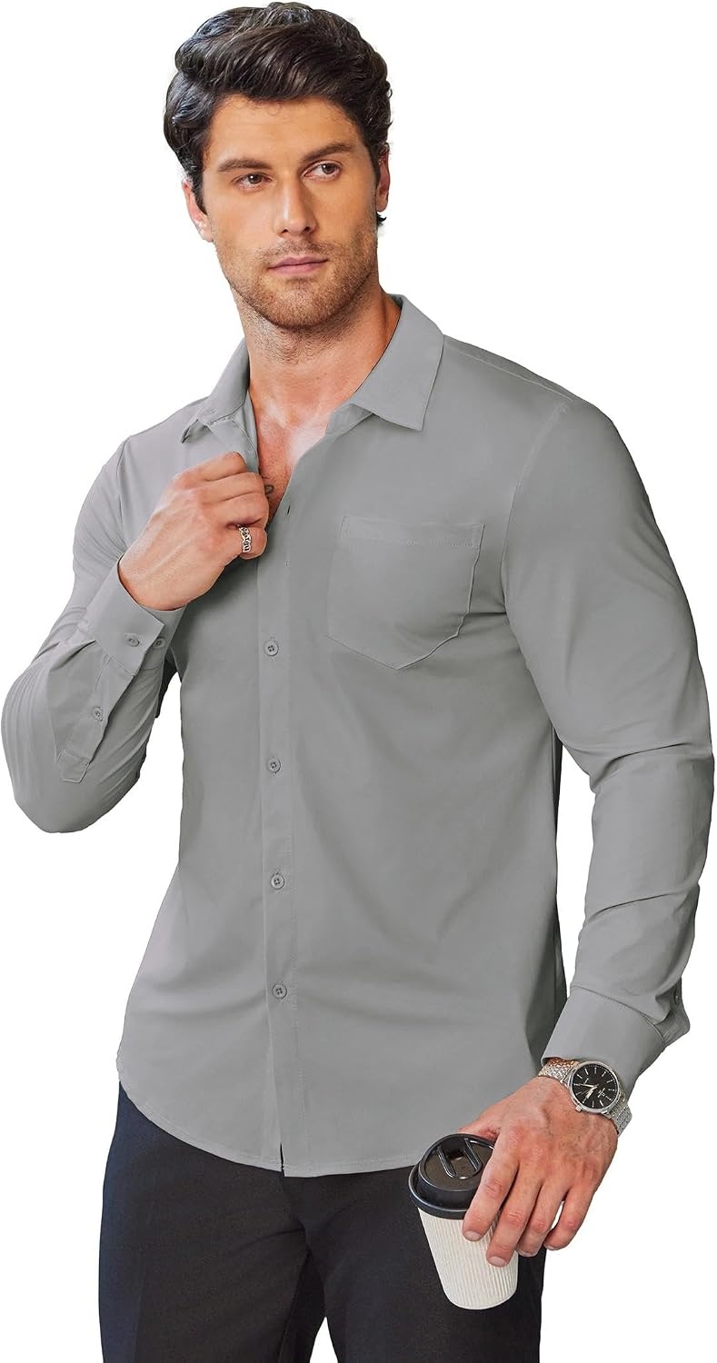 image:imageCOOFANDY Mens Muscle Fit Dress Shirts Wrinkle Free Long Sleeve Button Down ShirtLight Grey