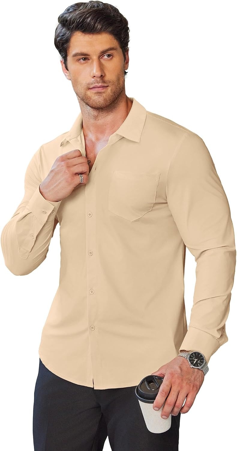 image:imageCOOFANDY Mens Muscle Fit Dress Shirts Wrinkle Free Long Sleeve Button Down ShirtLight Khaki