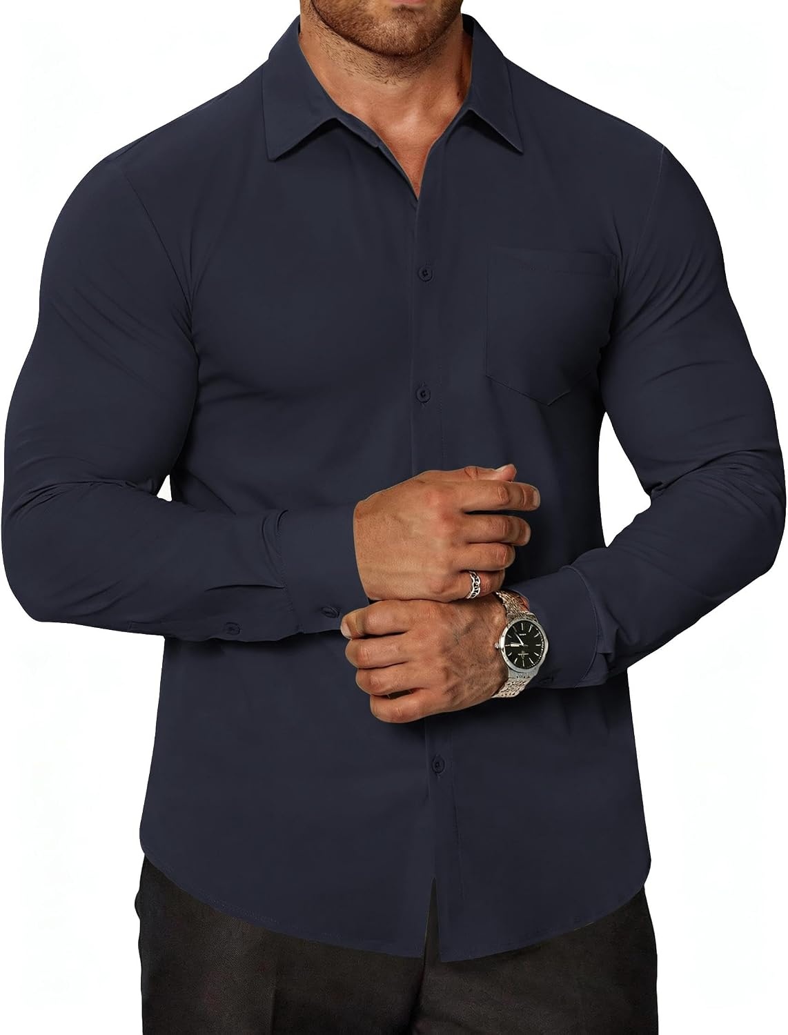 image:imageCOOFANDY Mens Muscle Fit Dress Shirts Wrinkle Free Long Sleeve Button Down ShirtNavy Blue