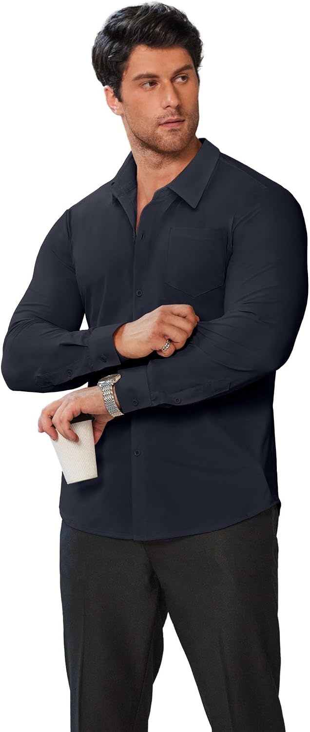 image:imageCOOFANDY Mens Muscle Fit Dress Shirts Wrinkle Free Long Sleeve Button Down ShirtNavy Blue