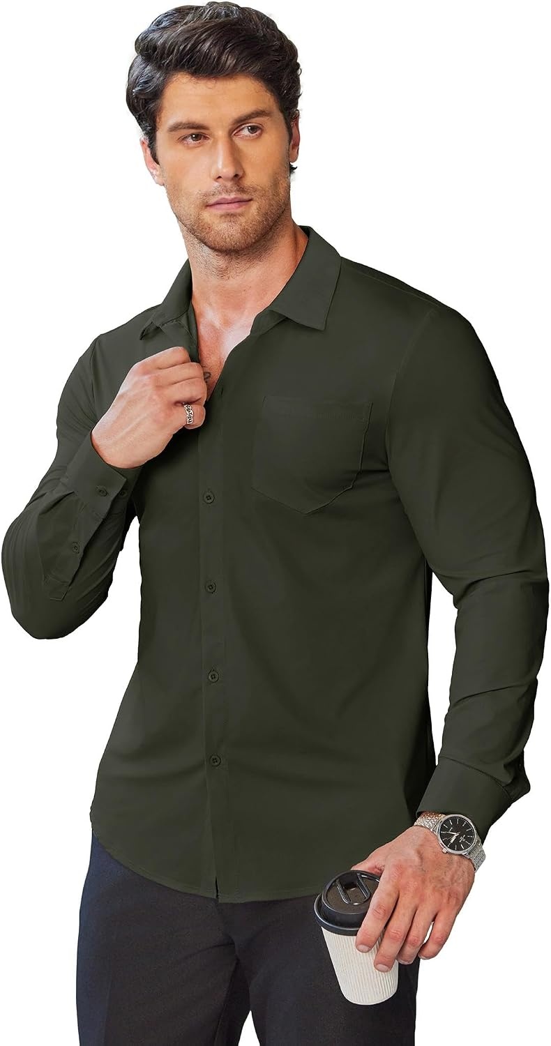 image:imageCOOFANDY Mens Muscle Fit Dress Shirts Wrinkle Free Long Sleeve Button Down ShirtOlive Green