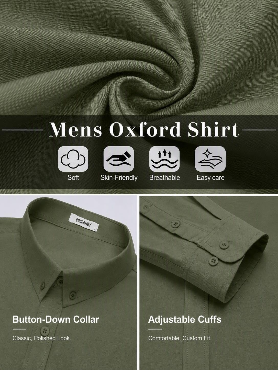 image:imageCOOFANDY Mens Oxford Shirt Long Sleeve Dress Shirt Casual Button Down ShirtArmy Green