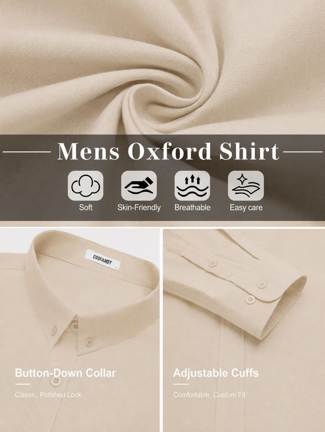 image:imageCOOFANDY Mens Oxford Shirt Long Sleeve Dress Shirt Casual Button Down ShirtBeige