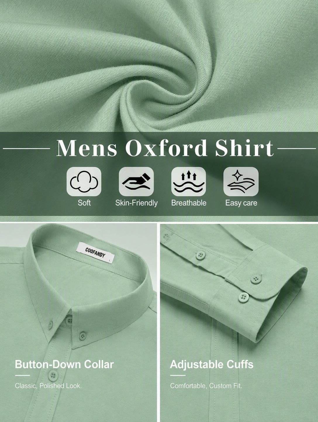 image:imageCOOFANDY Mens Oxford Shirt Long Sleeve Dress Shirt Casual Button Down ShirtGrey Green