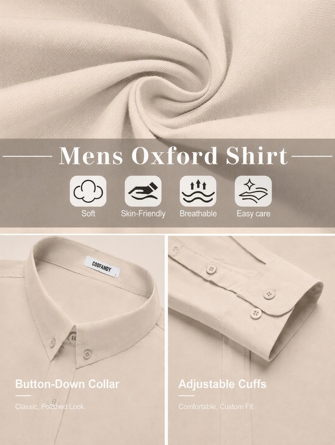 image:imageCOOFANDY Mens Oxford Shirt Long Sleeve Dress Shirt Casual Button Down ShirtKhaki