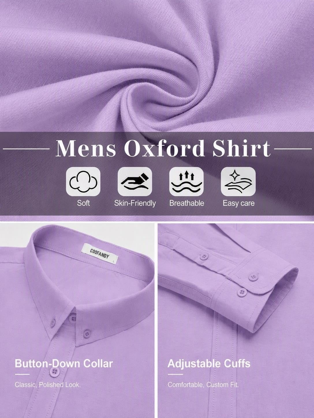 image:imageCOOFANDY Mens Oxford Shirt Long Sleeve Dress Shirt Casual Button Down ShirtLight Purple
