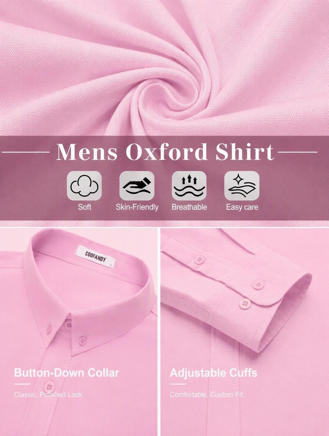 image:imageCOOFANDY Mens Oxford Shirt Long Sleeve Dress Shirt Casual Button Down ShirtPink