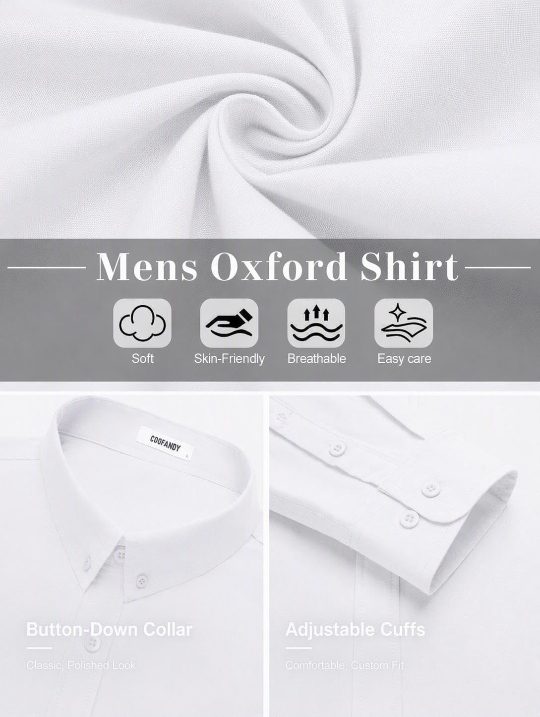 image:imageCOOFANDY Mens Oxford Shirt Long Sleeve Dress Shirt Casual Button Down ShirtWhite