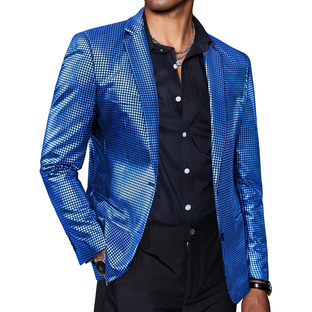 image:imageCOOFANDY Mens Metallic Jacket Casual Sport Coat 70s Party Disco OutfitsBlue