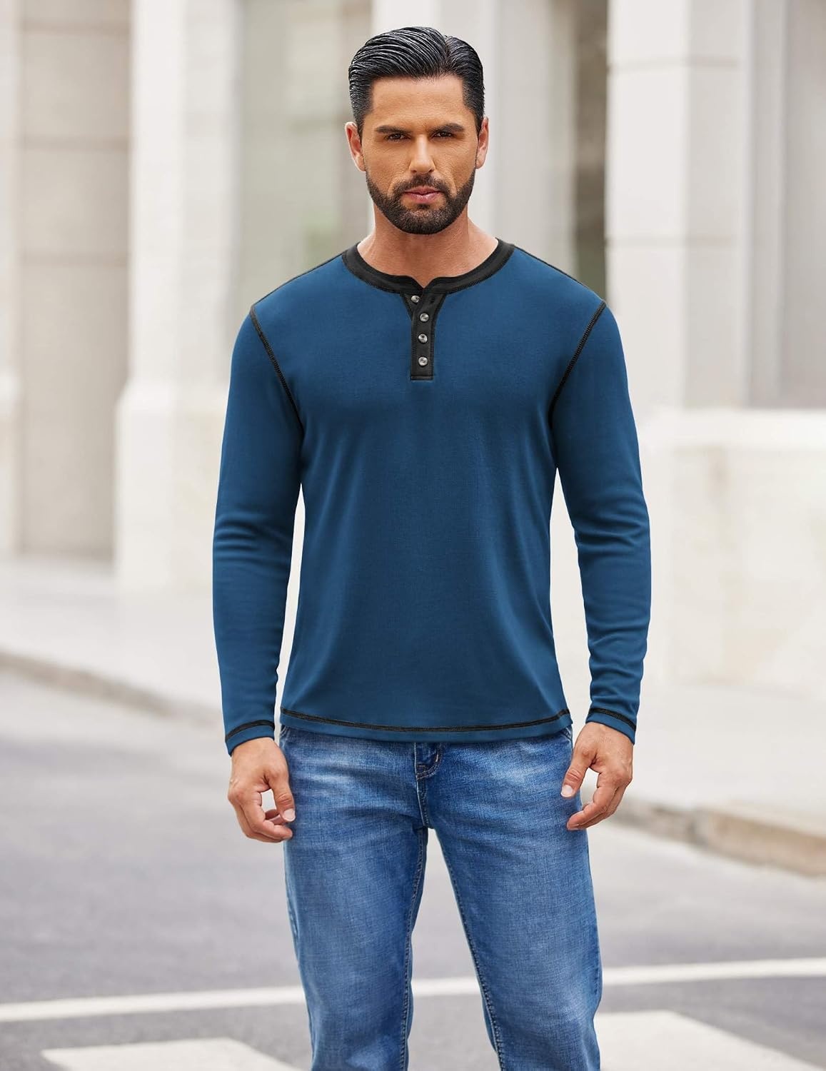image:imageCOOFANDY Mens Henley Shirts Long Sleeve Button TShirt Fashion Casual Pullover Shirts Soft Stretch Tees TopsNavy