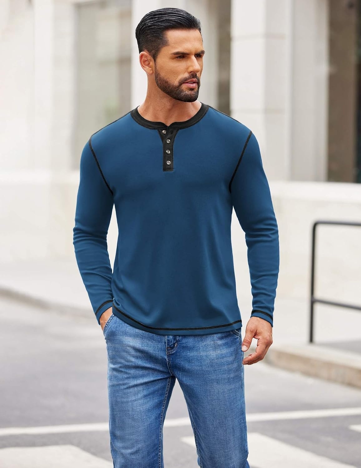 image:imageCOOFANDY Mens Henley Shirts Long Sleeve Button TShirt Fashion Casual Pullover Shirts Soft Stretch Tees TopsNavy