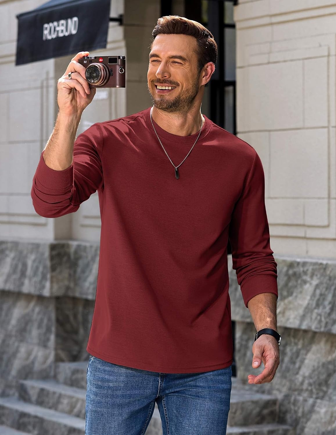image:imageCOOFANDY Mens Long Sleeve Crew Neck T Shirts Cotton Pullover SweatshirtWine Red